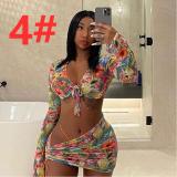 New style printed long-sleeved irregular drawstring miniskirt suit Q21ST131