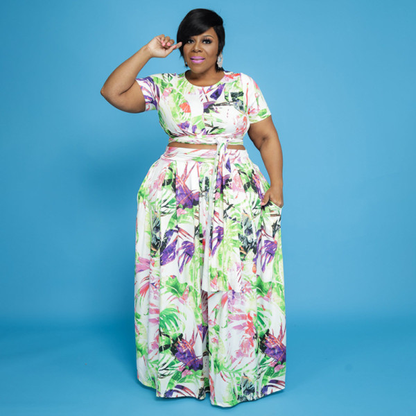 Two-piece umbilical multicolor printing suit plus size two-piece women's suit OSS21129