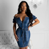 Sexy fashion one-shoulder single-breasted short-sleeved denim dress PT017