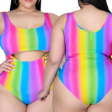 Fashion plus size women's cross-border sexy rainbow striped hollow one-piece swimsuit skirt two-piece suit AP7020