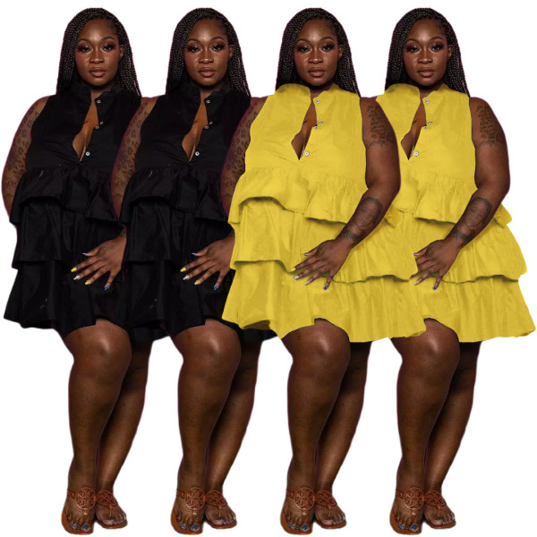 Fashion plus size women's amazon cross-border supply solid color button sleeveless cake dress AP7030