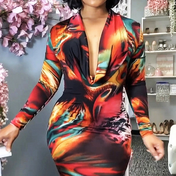Tight-fitting low-cut sexy printed dress women's dress OSS19548