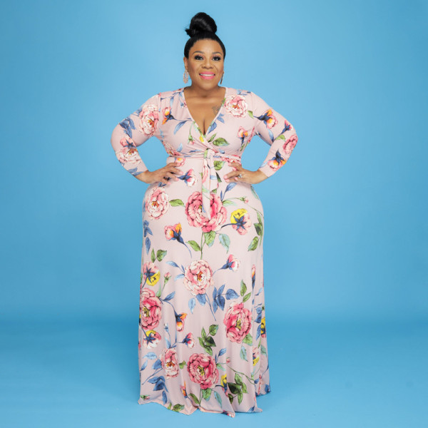 Printed deep V slim long with belt plus size women's dress OSS21168