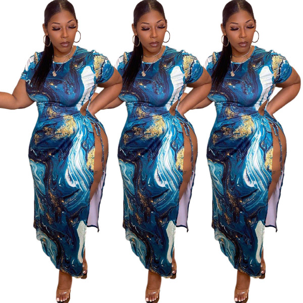 Fashion plus size women's amazon cross-border supply sexy split strap print dress AP7019
