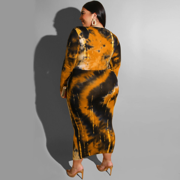Tie-dye printed V-neck tight sexy long plus size women's dress OSS19425