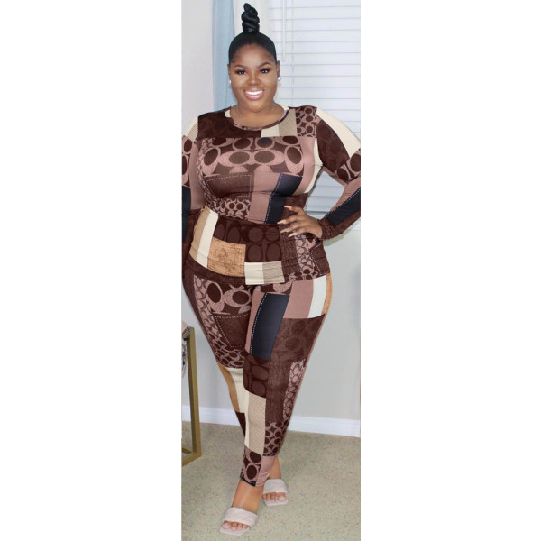 Women's plus size nightclub geometric fashion letter printing two-piece suit AP7003