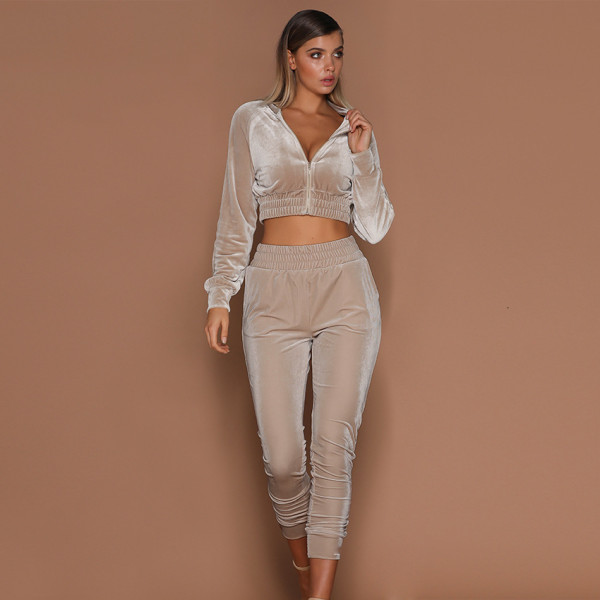 Fall/winter solid color zipper sweatshirt with tied feet sports trousers two-piece women AL8711