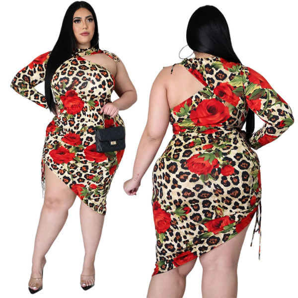 Leopard print one-shoulder strappy sexy dress AP7017