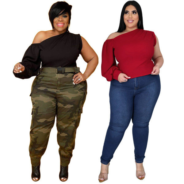Oversized women's solid color slanted shoulder one-shoulder sleeve asymmetric blouse AP7012