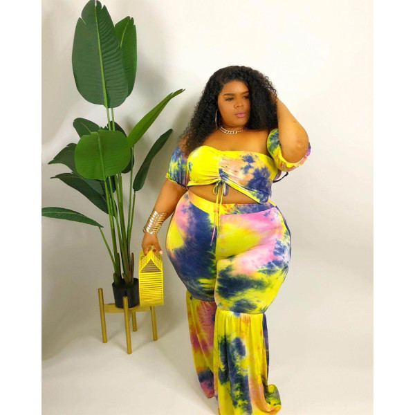 Fashion plus size women's sexy print pleated lace-up flared pants suit AP7031
