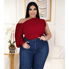 Oversized women's solid color slanted shoulder one-shoulder sleeve asymmetric blouse AP7012