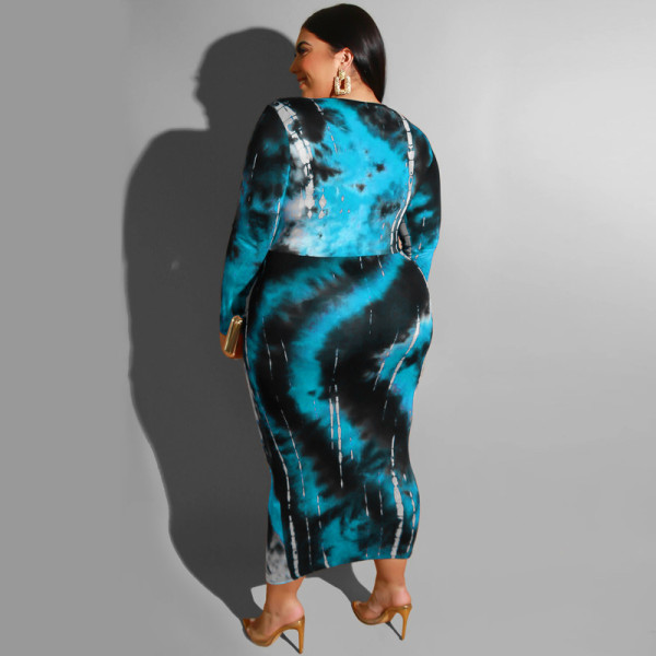 Tie-dye printed V-neck tight sexy long plus size women's dress OSS19425
