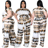 Plus size women's Amazon cross-border print tie double pocket comfortable wide leg pants two-piece suit AP7028