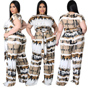 Plus size women's Amazon cross-border print tie double pocket comfortable wide leg pants two-piece suit AP7028