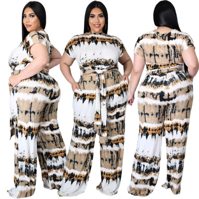 Plus size women's Amazon cross-border print tie double pocket comfortable wide leg pants two-piece suit AP7028