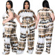 Plus size women's Amazon cross-border print tie double pocket comfortable wide leg pants two-piece suit AP7028