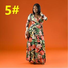 Printed tight-fitting deep V waist long plus size women's dress OSS21163