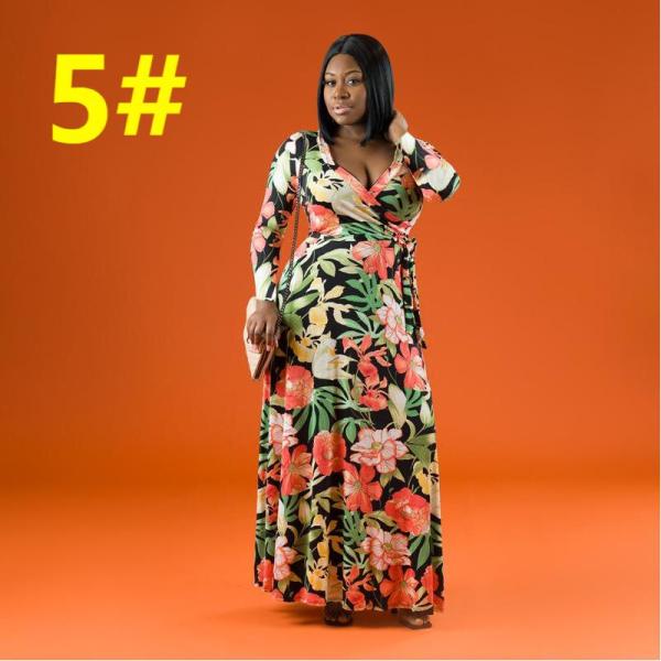 Printed tight-fitting deep V waist long plus size women's dress OSS21163