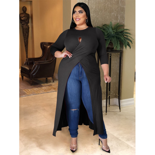 Plus size women's solid color sexy hollow slit dress top AP7008