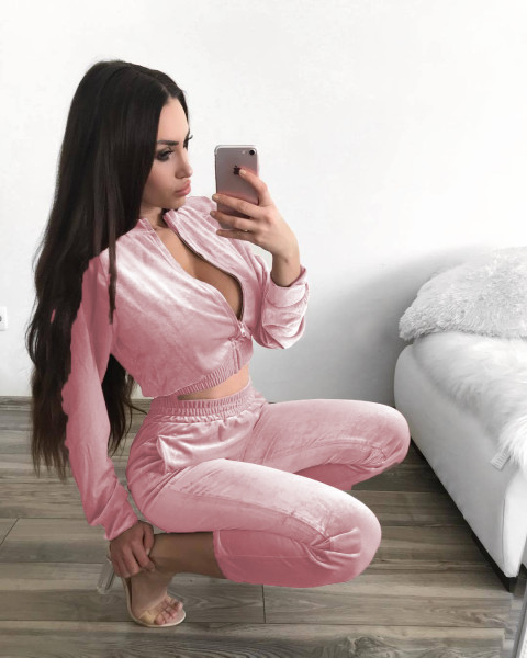 Fall/winter solid color zipper sweatshirt with tied feet sports trousers two-piece women AL8711