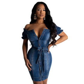 Sexy fashion one-shoulder single-breasted short-sleeved denim dress PT017