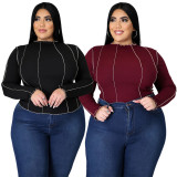 Fashion plus size women's solid color pit strip reverse side flower sleeve blouse AP7011