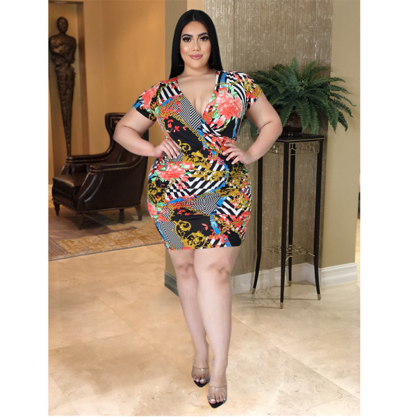 Plus size women's sexy V-neck floral gold chain print pleated dress AP7018
