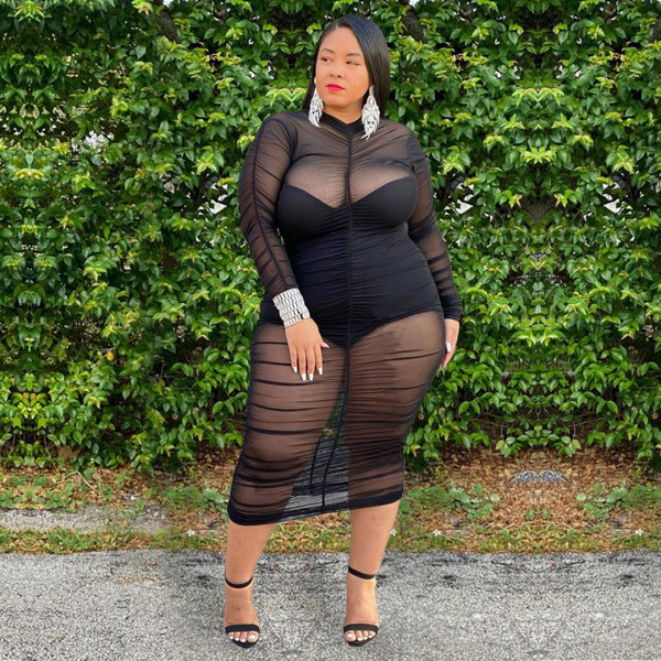 Plus size women's mesh gauze pleated sexy dress suit AP7001