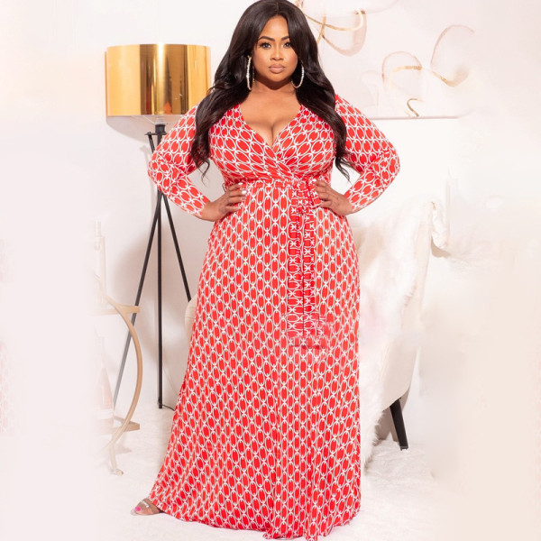 Printed deep V slim long with belt plus size women's dress OSS21168