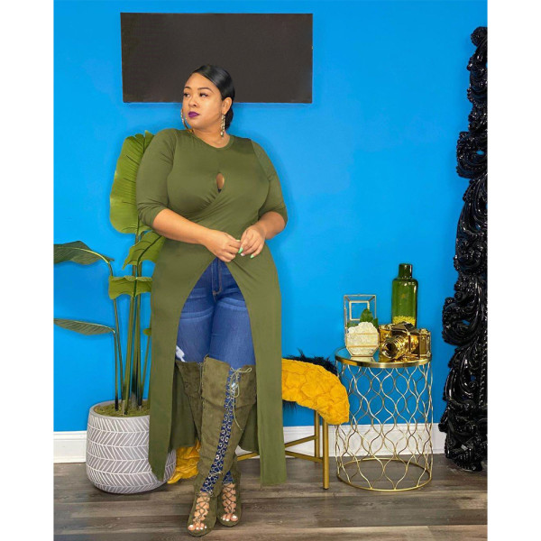 Plus size women's solid color sexy hollow slit dress top AP7008