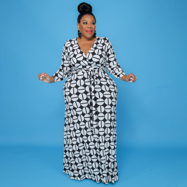 Printed deep V slim long with belt plus size women's dress OSS21168