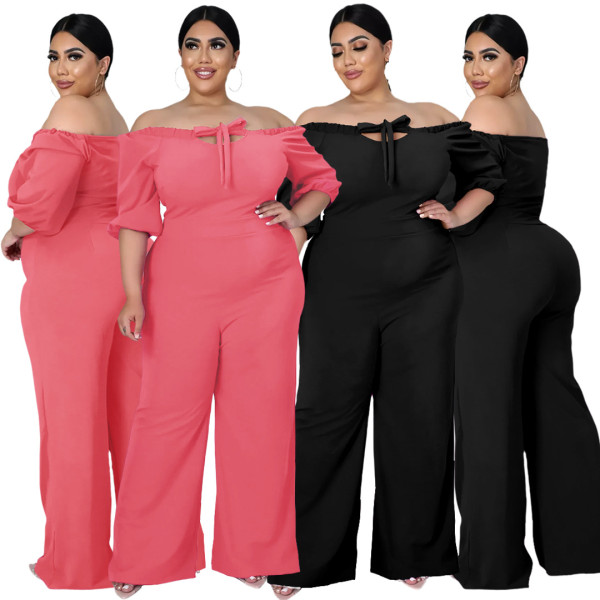 Fashion plus size women's solid color one-shoulder strap wide-leg pants jumpsuit AP7050
