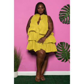 Fashion plus size women's amazon cross-border supply solid color button sleeveless cake dress AP7030