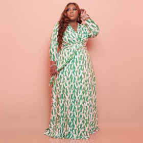 Printed deep V slim long with belt plus size women's dress OSS21168