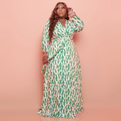 Printed deep V slim long with belt plus size women's dress OSS21168