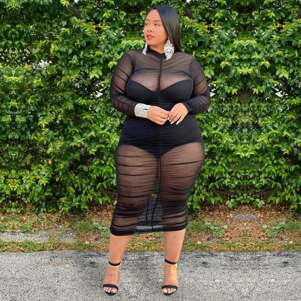 Plus size women's mesh gauze pleated sexy dress suit AP7001