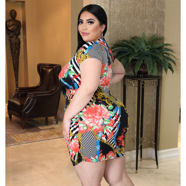 Plus size women's sexy V-neck floral gold chain print pleated dress AP7018