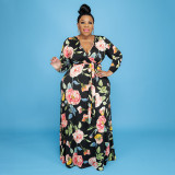 Printed deep V slim long with belt plus size women's dress OSS21168