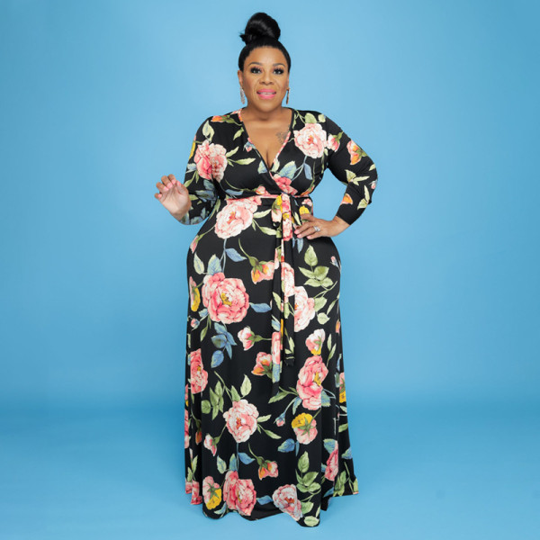 Printed deep V slim long with belt plus size women's dress OSS21168