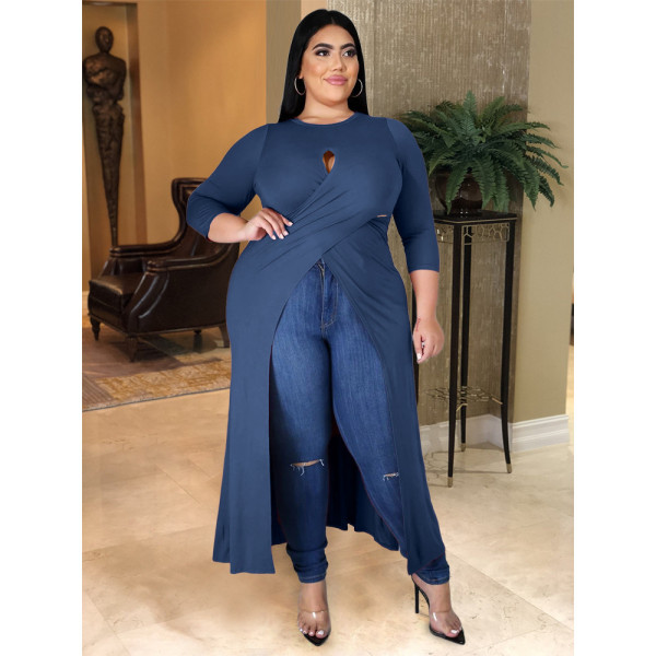 Plus size women's solid color sexy hollow slit dress top AP7008