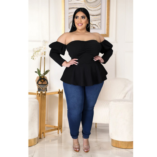 Plus size women's puff sleeve ruffled shoulder top AP7009