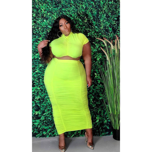 Fashion plus size women's solid color pleated super stretch skirt suit two-piece AP7029