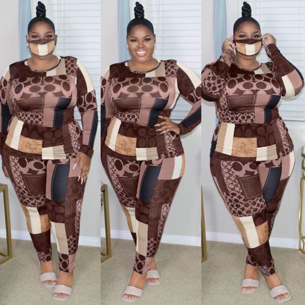 Women's plus size nightclub geometric fashion letter printing two-piece suit AP7003
