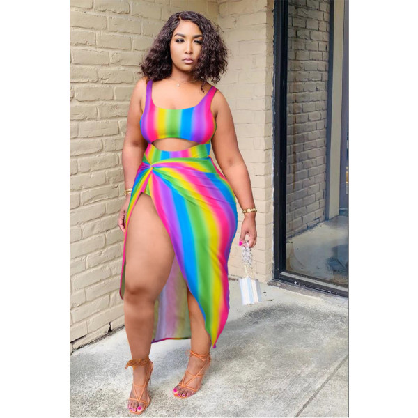 Fashion plus size women's cross-border sexy rainbow striped hollow one-piece swimsuit skirt two-piece suit AP7020