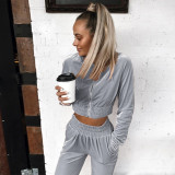 Fall/winter solid color zipper sweatshirt with tied feet sports trousers two-piece women AL8711