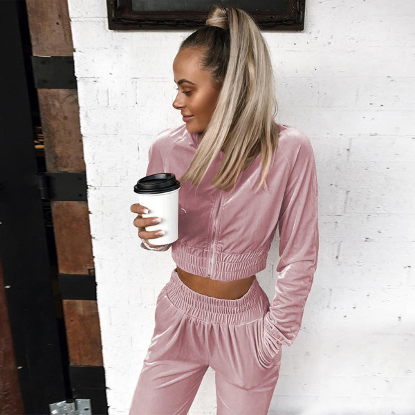 Fall/winter solid color zipper sweatshirt with tied feet sports trousers two-piece women AL8711