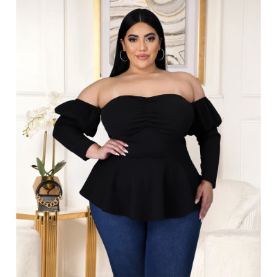 Plus size women's puff sleeve ruffled shoulder top AP7009