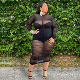 Plus size women's mesh gauze pleated sexy dress suit AP7001