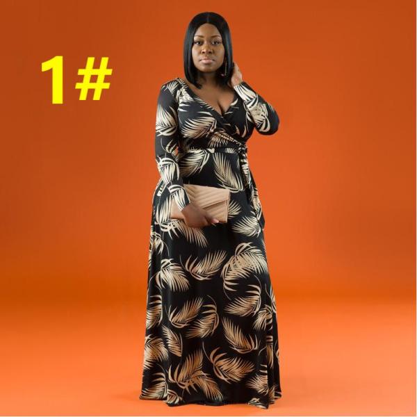Printed tight-fitting deep V waist long plus size women's dress OSS21163