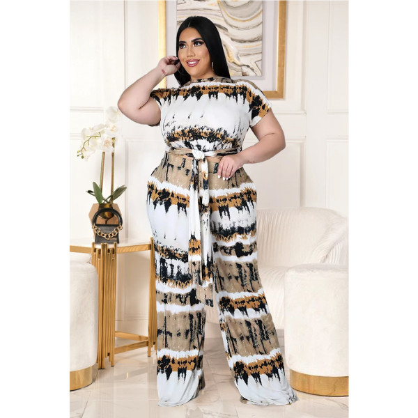 Plus size women's Amazon cross-border print tie double pocket comfortable wide leg pants two-piece suit AP7028